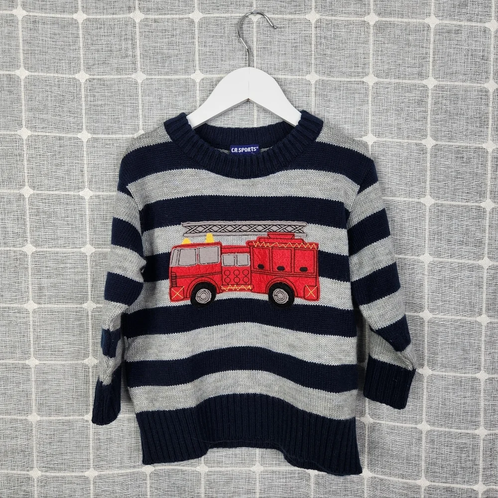 CR Sports Navy and Gray Striped Sweater with Fire Truck